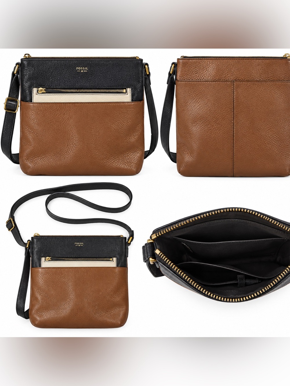 Fossil Two-Tone Black and Brown Leather Crossbody with Gold Accents